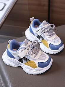 1 Pair Kids' Colorblock Mesh Chunky Sneakers, Spring/Autumn Hook And Loop Breathable Thick Sole Soft Bottom Casual Sports Sneakers For Boys And Girls - Blue - View 5