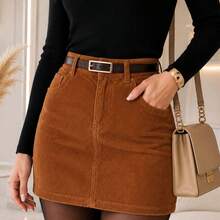 Women's Corduroy Mini Skirt With Elegant Belt High Waisted - Brown - View 13
