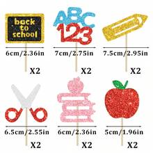 12pcs Back To School Colorful Pencil, Apple, Blackboard, Welcome Back To School, Scissors, Book, ABC 123, Cake Decoration Toppers, Suitable For Back To School Party Scene Decoration And Cake Decoration Toppers - View 2
