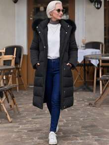 Giolshon 女款休閒連帽填充夾克，附口袋，輕量絎縫填充外套，人造毛內裡，適合春夏秋冬日常穿著 - 黑色 - 查看 5