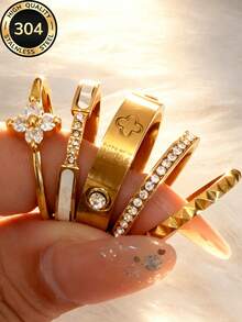 VJS 2026 Set Cincin Tumpuk Stainless Steel Berlapis Emas 18K Terbaru, Gaya Wanita, Motif Daun Semanggi, Dekorasi Putih dan Cincin Berlian Penuh yang Dipersonalisasi, Perhiasan Minimalis Hypoallergenic, Hadiah Hari Ibu yang Sempurna, Pesta, Liburan, Aksesori Pemakaian Sehari-hari, Satu Set Mengatasi Kekhawatiran Akan Aksesori - Yellow Gold - View 15