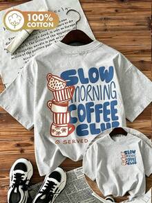 Women's Double-Sided Print Coffee Cup Tee, Hand-Painted Style "Slow Morning Coffee Club" Graphic, Round Neck Short Sleeve 100% Cotton Summer Top - 灰色 - 查看 15