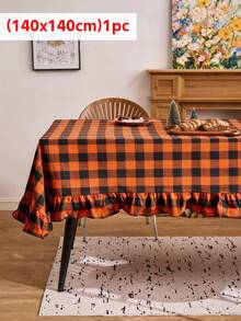 1pc Christmas Vintage Multi-Color Plaid Ruffle Edge Rectangular Tablecloth, Halloween Atmosphere Dining Table Cover, Home Restaurant Living Room Holiday Party B&B Decoration - Orange - View 12