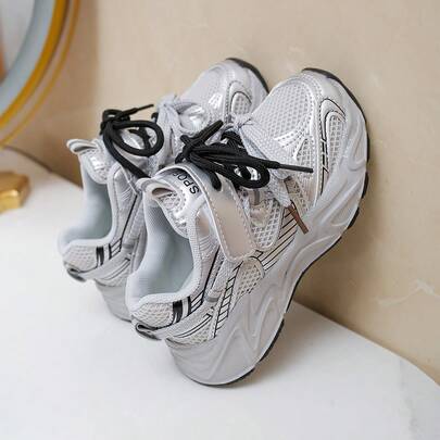 Metallic Silver Kids Chunky Sneakers Mesh Breathable Dual Laces Hook And Loop Boys Girls Athletic Trainers