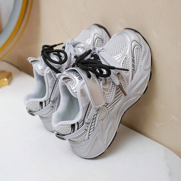 Metallic Silver Kids Chunky Sneakers Mesh Breathable Dual Laces Hook And Loop Boys Girls Athletic Trainers