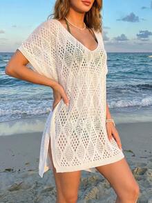 NZZOF Women's V-Neck Batwing Sleeve Side Slit Beach Cover-Up (Bikini Not Included) Vacation White Summer - White - View 1