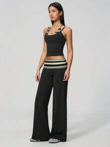 MASKERT Ladies' contrasting color back vest sports pants set yoga training running set tennis golf Pilates - 黑色 - 查看 6