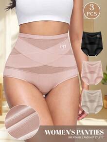 MIOTAN 3pcs Women's Mid-High Waist Panties, Cross Strap Design, Solid Color, Elastic, Soft, Breathable - Multicolor - View 2