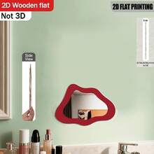 2D Flat, 1pc, Red Asymmetrical Wavy Frame Fashionable Wooden + Acrylic Mirror Wall Mirror - Suitable For Home Living Room, Bedroom, Studio, Patio Wall, No Power Supply Required, Perfect For Father's Day, Wedding Season, Mother's Day, Easter And Other Holiday Gifts And Decorations. 2D Flat - A - View 3