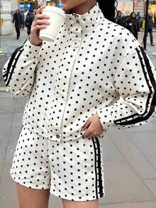 Women's Polka Dot Stand Collar Long Sleeve Jacket, And Shorts Casual Daily 2 Pieces Set,Autumn Outfit,Gym Set,Sport,Yoga - Multicolor - View 1