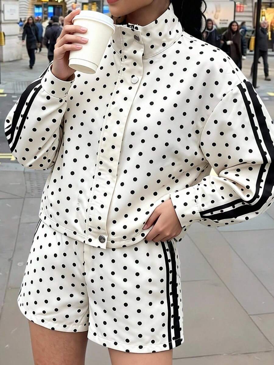 Women's Polka Dot Stand Collar Long Sleeve Jacket, And Shorts Casual Daily 2 Pieces Set,Autumn Outfit,Gym Set,Sport,Yoga - Multicolor - View 1