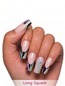 NAIO 10pcs/Set Kuku Tempel Buatan Tangan Y2K, Dasar Nude Multiwarna Ujung V French, Seni Kuku Bertatahkan Rhinestone AB Penuh, Gaya Pesta Glamor, Cocok Untuk Pemakaian Acara Sehari-hari, 3 Ukuran Coffin Almond Pendek Persegi, Kuku Palsu, Dapat Dilepas dan Digunakan Kembali - MultiWarna - View 4