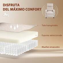 HOMCOM Sillón de Masaje, Sillón Relax Reclinable 160° con Mando a Distancia, Reposapiés, 2 Zonas de Masaje, Asiento de Muelles, Bolsillos, Tapizado en Lino Transpirable para Salón, 69x93x104 cm, Crema - Enchufe EU Tipo C(220-240V) - Ver 7