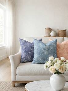 Floral Pillowcase, Linen Texture Decorative Pillowcase With White Line Floral Pattern, Perfect Decorative Pillow For Sofa, Bed, Home And Outdoor Use - Blue - View 4