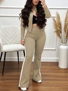 Women's Casual 2 Pieces Tracksuit Set For Spring/Autumn, Featuring A Stand Collar Short Striped Zip-Up Jacket Paired With Striped Straight-Leg Pants, Slightly Stretchy Yoga Outfit For Slim Fit - Apricot 18 - View 2