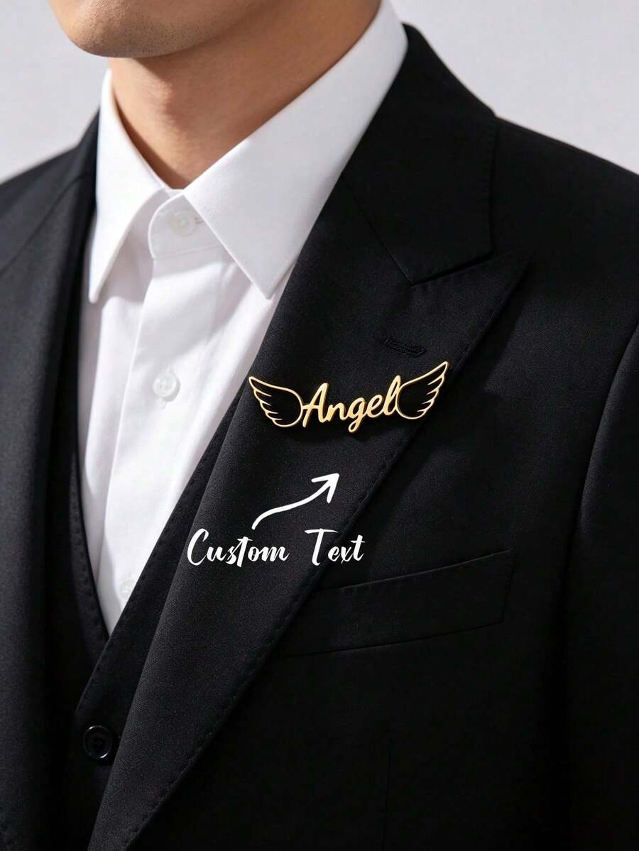 Customized Angel Wings Name Brooch, Unisex, Stainless Steel Material, Customizable Brooch, Pin, Badge, Personalized Wedding Party Accessory, Can Be Worn On Clothing - Multicolor - View 1