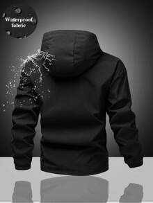 Men's Solid Color Hooded Windbreaker Jacket With Adjustable Drawstring Hood, 23 Shield & Earth Print, Elastic Cuffs, Zipper Pockets, Outdoor Functional Jacket - Black - View 2