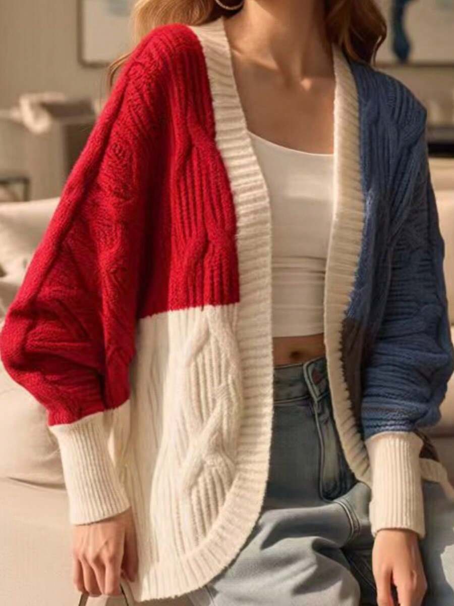 Women's Plus Size Colorblock Knit Cardigan, Red White Blue Colorway, Batwing Sleeve Open Front Sweater, Autumn/Winter Casual Fashion Street Style