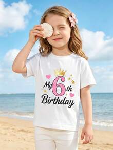 Summer/Autumn Cotton Short-Sleeved T-Shirt For Girls, Featuring A 6 Birthday Number Print, In A Cute And Sweet Style - White - View 2