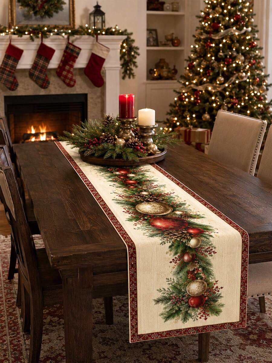 1pc Rectangular Christmas Table Runner (Red & Green Pine Cone Pattern) – Linen Blend Fabric With Vintage Red Trim; Suitable For Holiday Dining, Kitchen Tabletop Protection And Winter Home Dinner Seasonal Home Decor - Multicolor - View 1
