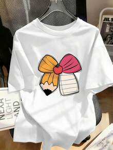 [返校季]Tween女孩 1件印花短袖套頭T恤，學生幼童服飾，夏季送給Tween女孩的禮物 - 白色 - 查看 2