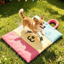 1Pc Red Yellow Blue Color Block Cartoon Face Pet Bed Mat With Carry Handle, Thick Soft Waterproof Foldable Washable Sleeping Cushion, Portable Rest Pad For Small Medium Dogs Cats Indoor Car Travel Home Sofa Use - Blue - View 3