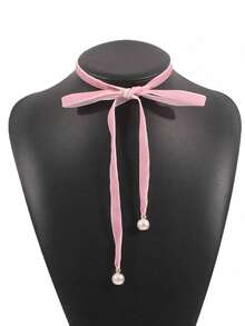 1 pieza Collar de mujer con lazo de terciopelo vintage, gargantilla de perlas elegante y minimalista de moda, cadena ajustable para la clavícula - Multicolor - Ver 5