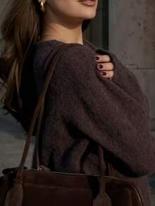 Women's Soft Loose Drop Shoulder Long Sleeve Knit Cardigan Sweater, Casual Relaxed Everyday Autumn Top - Brown - View 2