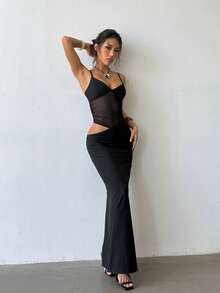 Women's Summer Black Mesh Sheer Patchwork Hollow Waist Spaghetti Strap Dress, Date, Party, Gathering - Black - View 5