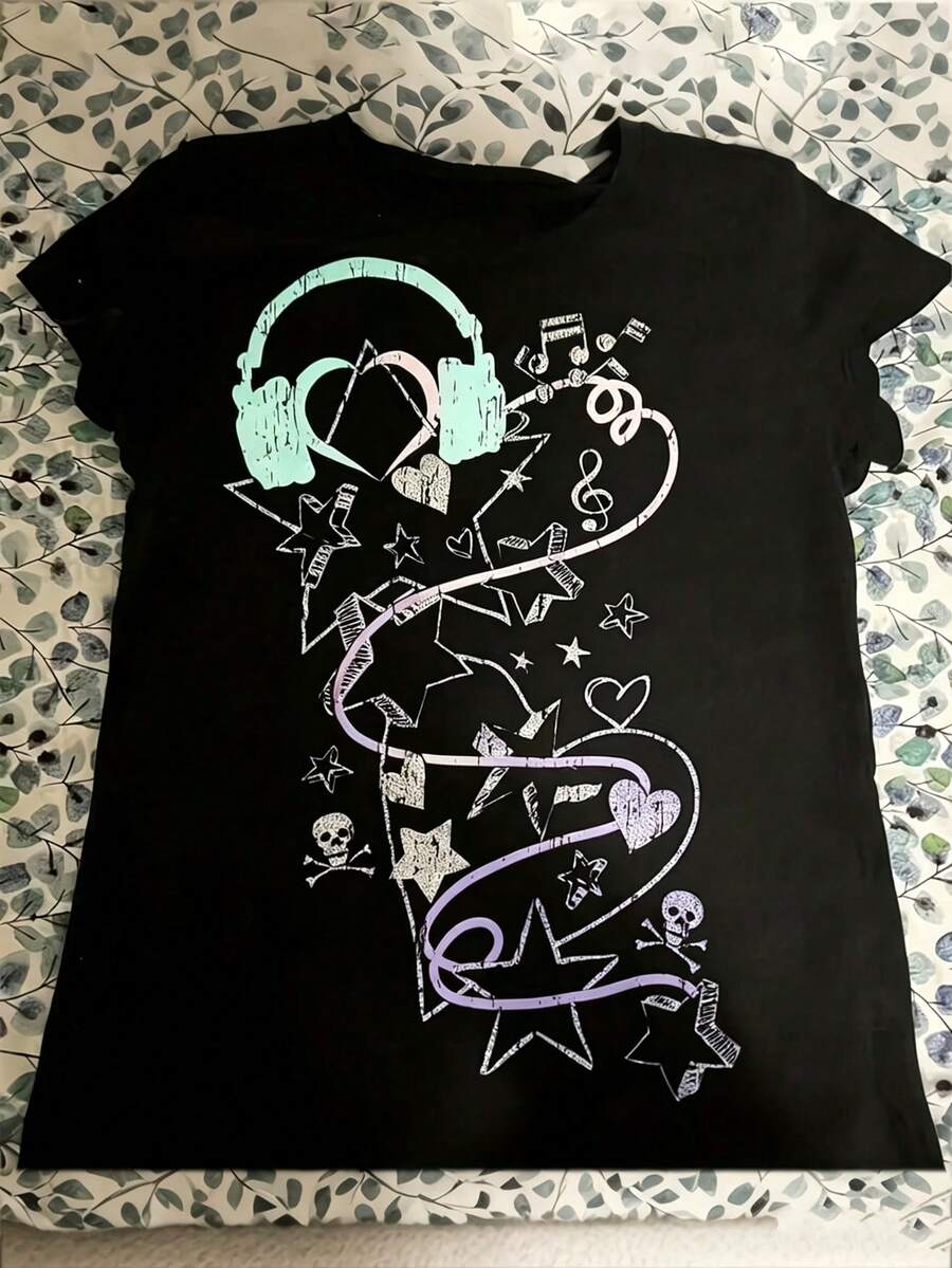 New Arrival Tween Girl Y2K Retro Anime T-Shirt Vintage Streetwear Oversized Manga Tee, Stretchy Unisex Summer Top For Casual & Themed Events - 黑色6 - 查看 1