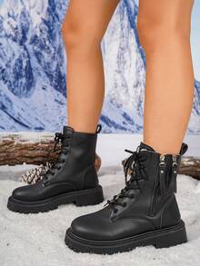 Botas de tobillo de invierno nuevas para mujer, botas de media pantorrilla con forro térmico, diseño con cremallera lateral y cordones delanteros, botas de invierno para exteriores, adecuadas para salidas diarias de invierno, botas negras - Negro - Ver 3