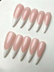 10pcs Almond-Shaped Long Press-On Nail Tips, Matte French Manicure, Reusable Nude And White Nail Sticker Set, Women's Nail Supplies - Multicolor - View 10
