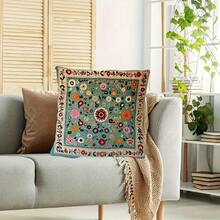 1Pc Single-Side Persian Suzani Throw Pillow Covers - 17.7*17.7 Inches, Sea Green 2D Flat Print, Zipper Closure, Machine Washable, Perfect For Sofa Decoration, Filling Not Included - Multicolor - View 4