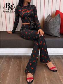 BADDIE REALM Women's 2pcs Slim Fit Cherry Print Stretch Vaction Athleisure - Multicolor - View 5