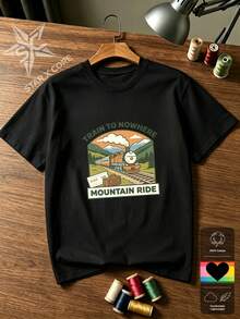 Mountain Ride Women's Short Sleeve Tee, Retro Train Travel Graphic - 黑色 - 查看 2