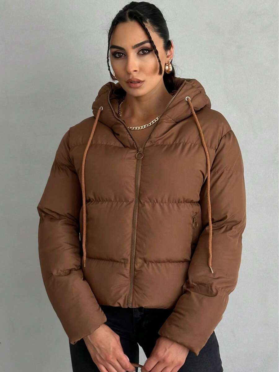 Women's Oversized Faux Leather Zip-Up Jacket Drop Shoulder Belted Bomber Coat Black - Brown - View 1