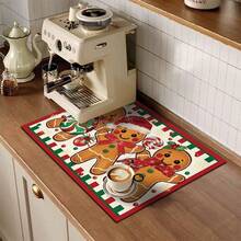 1pc Christmas Series 3 Gingerbread Man Pattern Coffee Bar Mat, Diatom Mud Soft Bottom Drainage Mat, Soft Rubber Absorbent Wear-Resistant Dish Drying Mat, For Countertop Restaurant Kitchen Table, Patio Dining Table Decor, Home Kitchen Supplies, Countertop Decorative Mat - Multicolor - View 5