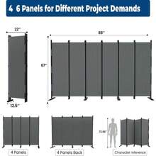 Room Divider 4 Panel Folding Privacy Screen, Portable Small Room Dividers Partition 88" Wall Dividers For Room Separation Upgrated Seamless Accordion Room Divider (Grey, Type A) - Grey - View 5