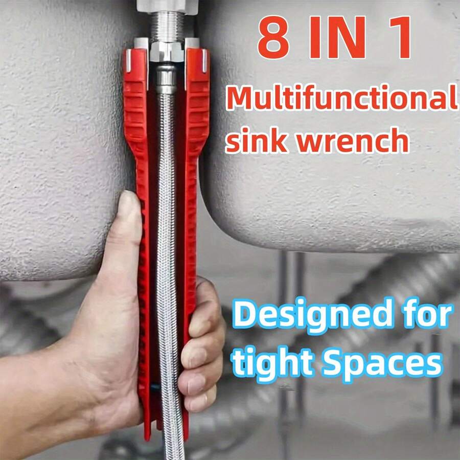 1件重型5合1多功能水箱扳手 - 重型塑料構造，一體式設計，配備5點套筒與5點套筒頭。洗手台浴室扳手，水管安裝工具，家用水管水龍頭洗手台角閥維修與拆卸。手動工具組，工具與家居修繕用品。方便實用