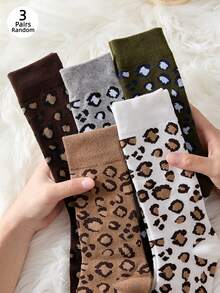 3 Pairs Of Women's Thigh-High Stockings, Leopard Print Thick And Warm Floor-Length Ankle Socks, Suitable For Autumn And Winter - Multicolor - View 1