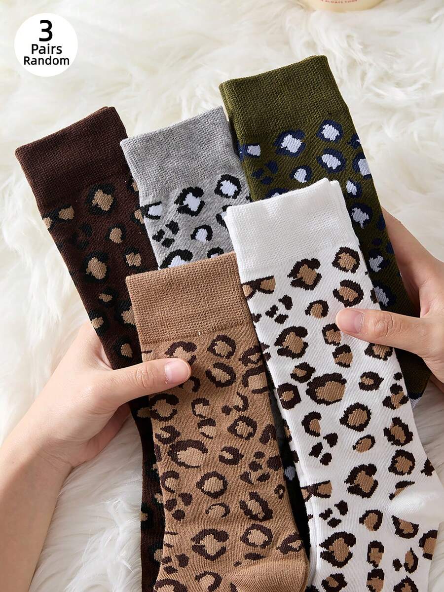 3 Pairs Of Women's Thigh-High Stockings, Leopard Print Thick And Warm Floor-Length Ankle Socks, Suitable For Autumn And Winter - Multicolor - View 1