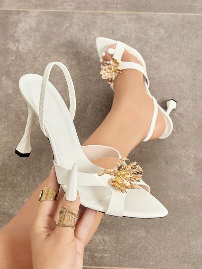 Women's Elegant All-Season Nightclub Style 3D Shiny Floral Shell Rotating Cup Heel High Heel Sandals, Fashion Versatile Pointed Toe Slip-On Rubber Back Strap Night Party Runway Vacation Casual Dating Gift Shoes