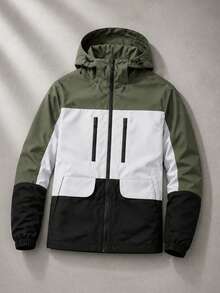 Men's Green White Black Colorblock Hooded Jacket, Minimalist Outdoor Casual Top - Green - View 1