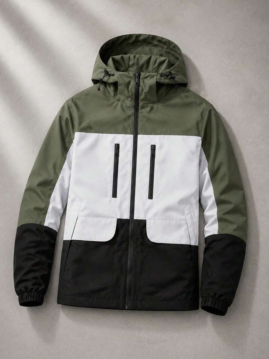 Men's Green White Black Colorblock Hooded Jacket, Minimalist Outdoor Casual Top - Green - View 1