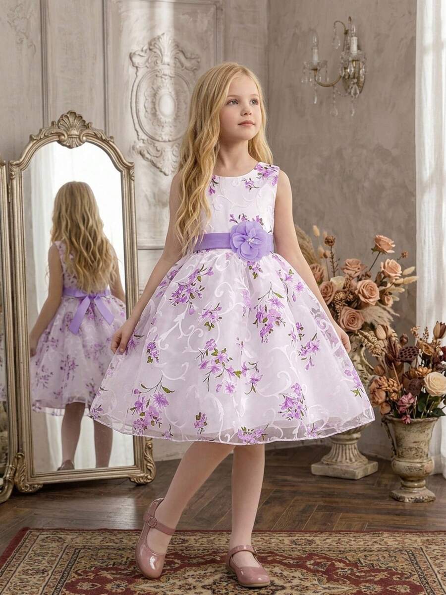 Young Girls Floral Pattern Organza Puff Dress Elegant Formal Gown, Headband Not Included - Mauve Purple - View 1