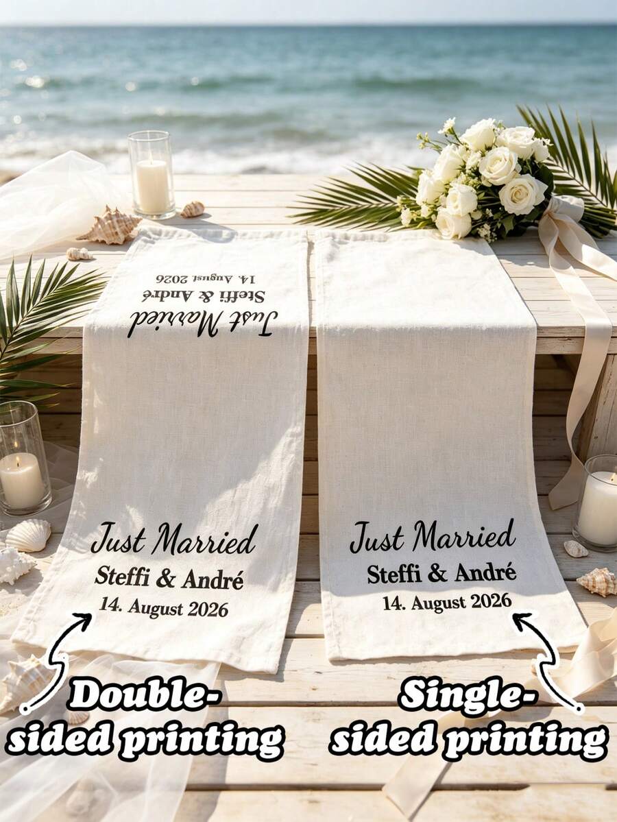 1Pc Personalized Linen Wedding Table Runner - Custom Name And Date Fabric Sign, Elegant Sweetheart Table Decor, Personalized Reception Banner For Weddings, Engagements, Anniversaries, Bridal Showers, Ceremony Decorations & More - Multicolor - View 1