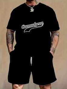 Printed Short Sleeve  And Shorts Set,Print Pattern,Quick Dry MoistureWicking,Sports OutfitSoft Cotton Oversized Crew Neck  For Men - 黑色 - 查看 2