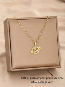 1pc Exquisite Sweet Cubic Zirconia Decor Star & Planet Pendant Necklace For Girls Children's Day & Birthday Gift For Everyday Versatile Jewelry - Gold - View 1