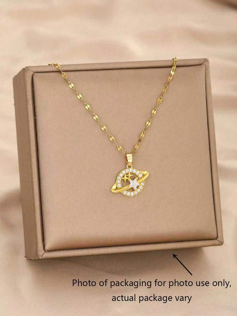 1pc Exquisite Sweet Cubic Zirconia Decor Star & Planet Pendant Necklace For Girls Children's Day & Birthday Gift For Everyday Versatile Jewelry - Gold - View 1