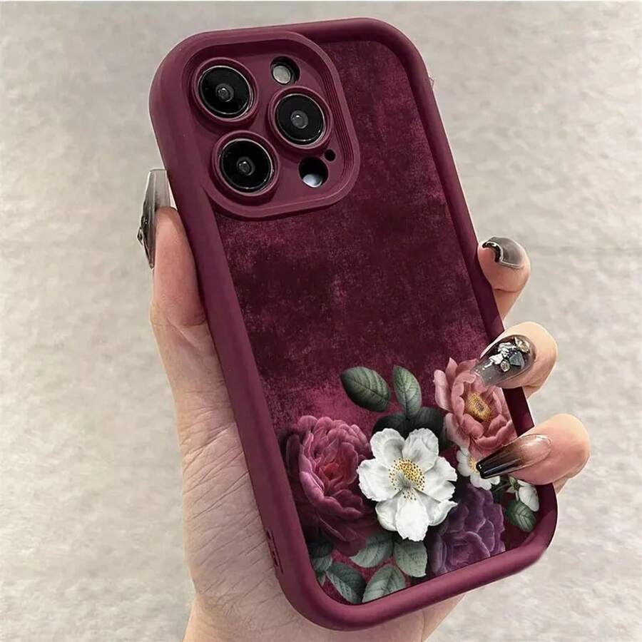 Custodia per telefono con motivo floreale retrò per iPhone 15Pro 17 16 14 13 12 11 Pro Max XS XR 7 8 Plus SE2 16E, elegante cover in silicone morbido - T15549Rosso vino - Visualizzare 1